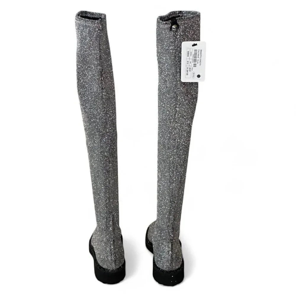 Giuseppe Zanotti Women's Silver Glitter Over-the-Knee Flat Boots Sz 37.5 NWOT